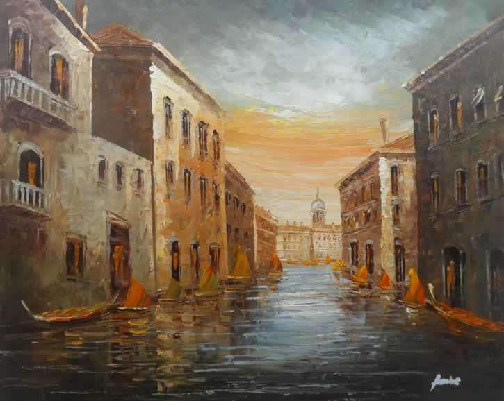 Handmade Canvas Signed Oil Painting 20"x24" Citscape Venice Street P21