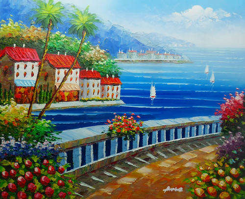 Oil Painting 20"x24" Mediterranena Garden Boats Sea Sunrise HD20
