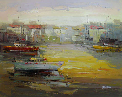 Signed Pallet-knife Oil Painting 50CMX60CM Seascape Dock Boats Sea City HT27