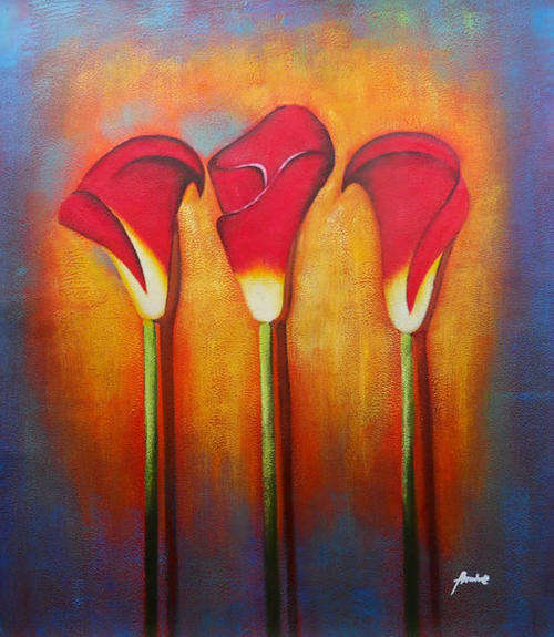 Signed Canvas Handmade Oil Painting 24"x20" Flowers Lily Red Modern ff04