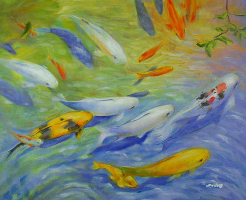 Signed Handmade Oil Painting 24"x20" Modern Abstract Koil Fishes River rr122