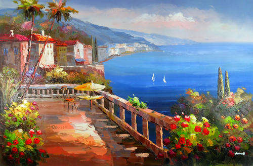Signed Canvas Oil Painting 90CMX60CM Mediterranean Sea Garden HD26