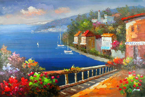 Signed Canvas Oil Painting 90CMX60CM Mediterranean Sea Garden HD28