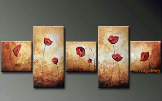 Hand-painted Canvas Signed Oil Painting 150cmx60cm Brown Flowers Red Poppy G47