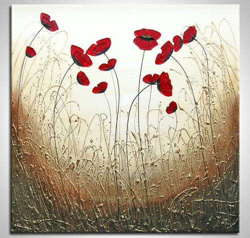 Handmade Signed Canvas Flowers Oil Painting Modern 60cmx60cm Red Poppies f85