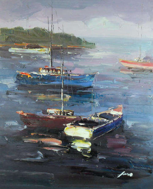 Signed Canvas Handmade Oil Painting 24"x20" Sea Dock Terminal City HT41