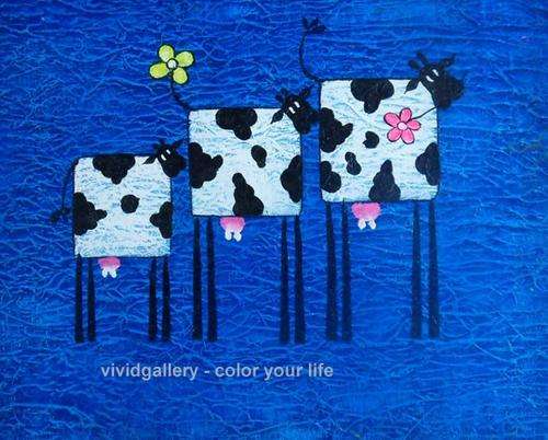 Framed Hand-painted Oil Painting 20cmx25cm Cartoon Children Animals Cows s09