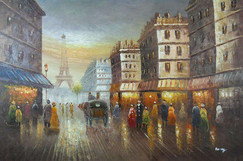 Hand-painted Signed Oil Painting 90cmx60cm Night Street Eiffle Tower PB08