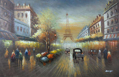 Hand-painted Signed Oil Painting 90cmx60cm Night Street Eiffle Tower PB09