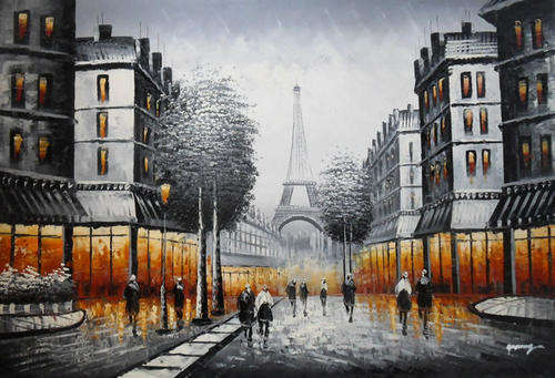 Hand-painted Signed Oil Painting 90cmx60cm Night Street Eiffle Tower PB12