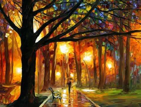 Oil Painting 20"x24" Cityscape Rain Night Street Lamp Umbrella M50