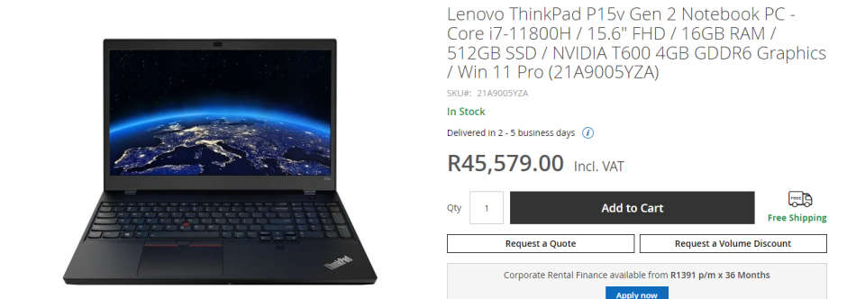 *R45K RETAIL*LENOVO P15V G2 WORKSTATION,11TH GEN INTEL OCTACORE I7,4GB NVIDIA QUADRO GFX,ONLY R24999