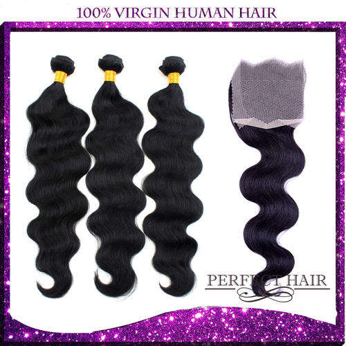 100% Peruvian human hair with closure(3+1), Body Wave  12"