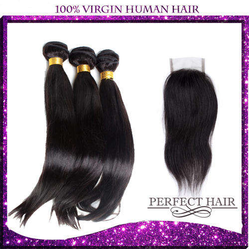 Peruvian virgin  hair extension with lace closure(3+1), Silky Straight  12"