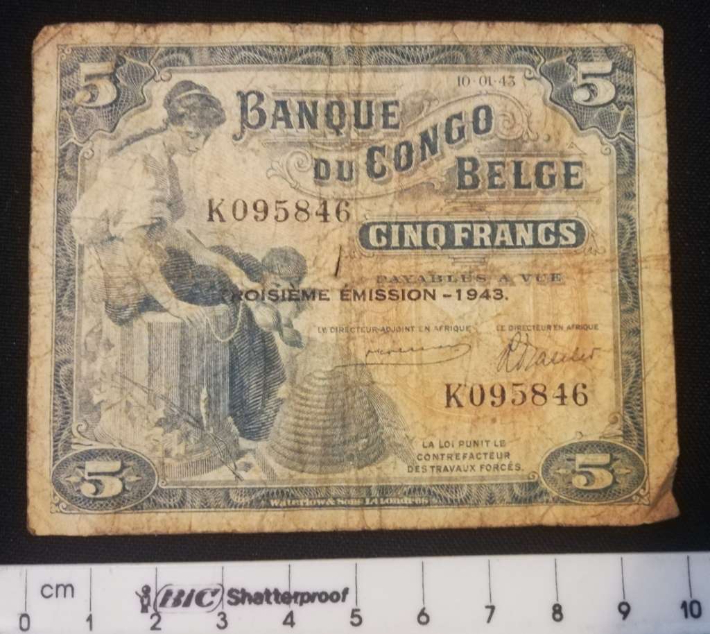 WW2 Issue Belgian Congo 5 Francs Note. 3rd issue 1943