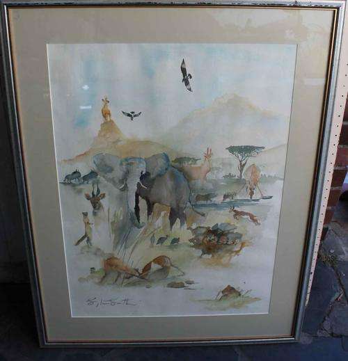Sylvia Smith Water Colour of Wild Life 95cm x 75cm