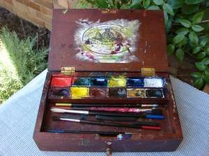 Vintage Porcelain T & R Brown Paint and Brush Set in Wooden Box