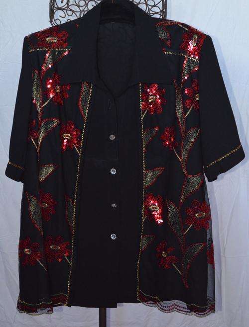 Black with Red Sequence Evening Wear Top (Size XL)