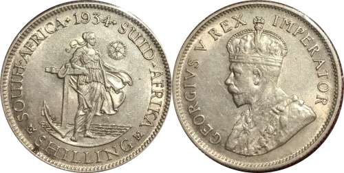 S.Africa 1934 One Shilling (1/-) Choice About Uncirculated-Mint Sate (AU/MS) Scarce Key Date