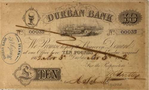 S. Africa (Pre Reserve Bank): 1862 Durban Bank Ten Pounds *for hdekok only*