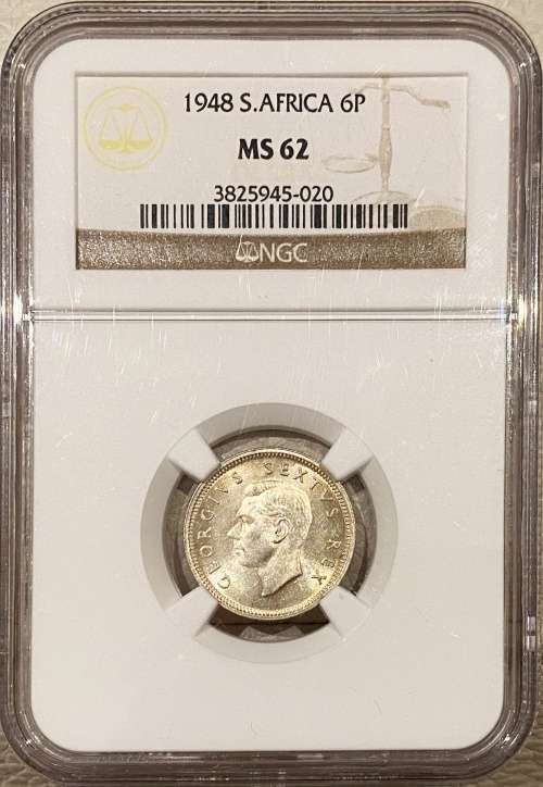 S. Africa: 1948 KGVI 6D (Sixpence) NGC Certified MS62