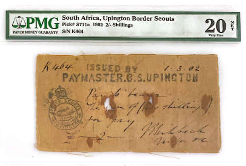S Africa: 1902 Upington Border Scouts 2 Shillings Cloth Note PMG Certified VF20