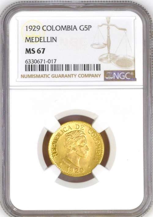 Colombia: 1929 Gold 5 Pesos Medellin NGC Certified MS67