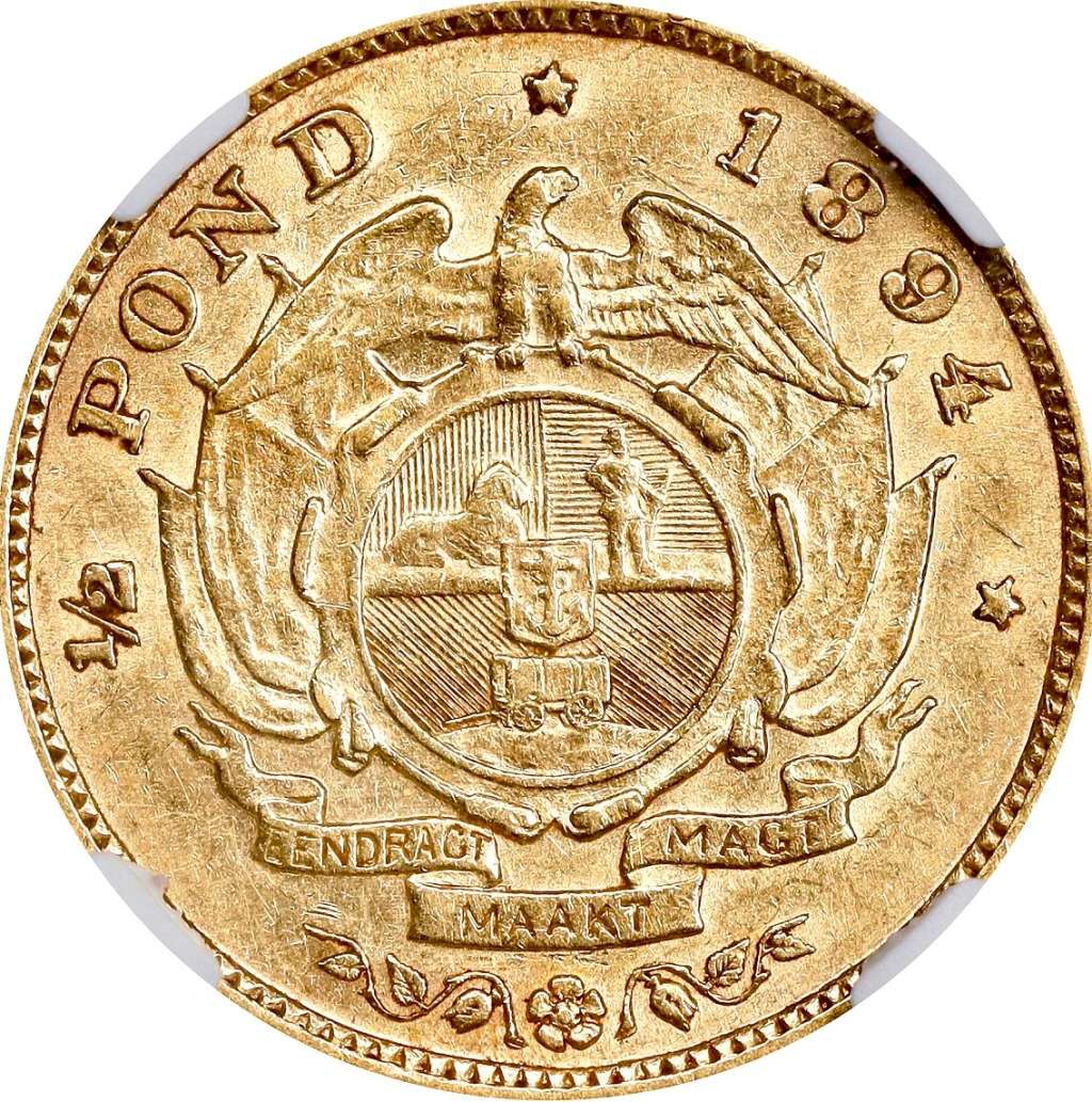 S. Africa: 1894 ZAR Gold 1/2 Pond NGC Certified AU53