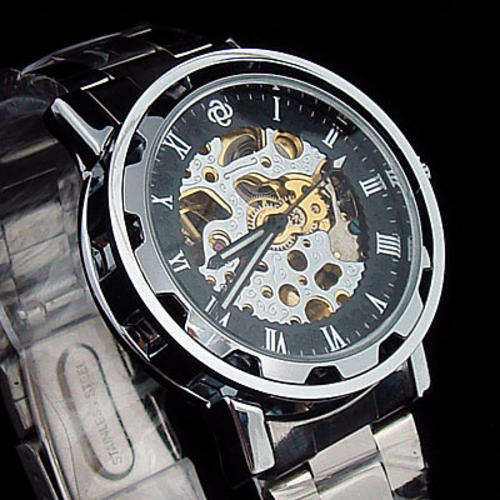 Men's skeleton black automatic mechanical watch by Aniadn