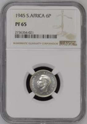 1945 6p SIXPENCE PF65**3rd FINEST KNOWN**MINTAGE 150 ONLY**BEAUTIFUL BLAST-WHITE PROOF COIN!!
