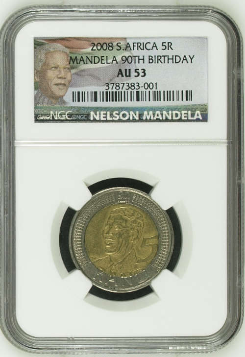 ***2008 MANDELA 90th BIRTHDAY R5 AU53***ONLY 47 IN THIS AWESOME GRADE!!