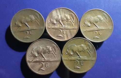 5 X R.S.A. 2 cent coins