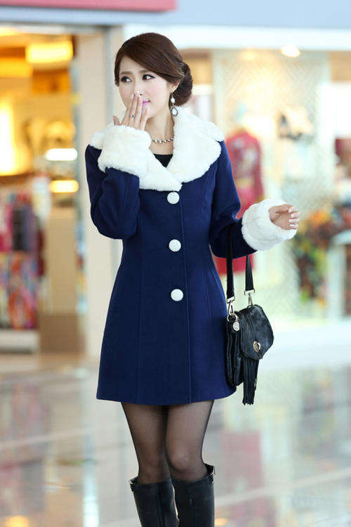 Women's Stylish Blue V-Neck Solid Worsted Coat -