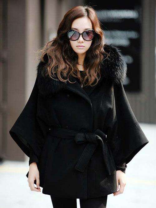 Women's Casual Black Turn-down Collar Solid Woolen Coat -