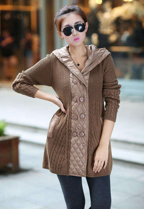 Women's Sexy Brown Hooded Solid Woolen Coat