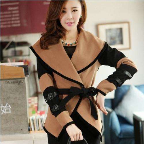 Women's New Brown V-Neck Patchwork Worsted Coat -