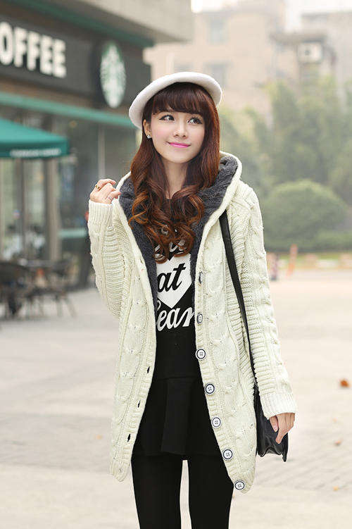 Women's Sexy Hooded Solid Worsted Sweater Coat