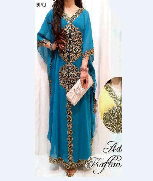 Embroidery V-neck Flowers Trim Muslim Chiffon Dress