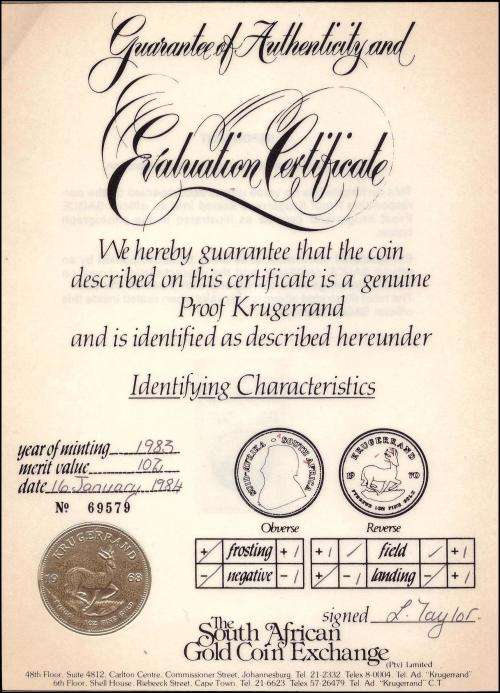 1983 1 Ounce Gold Proof Krugerrand Graded, Slabed and Certified  by SAGCE