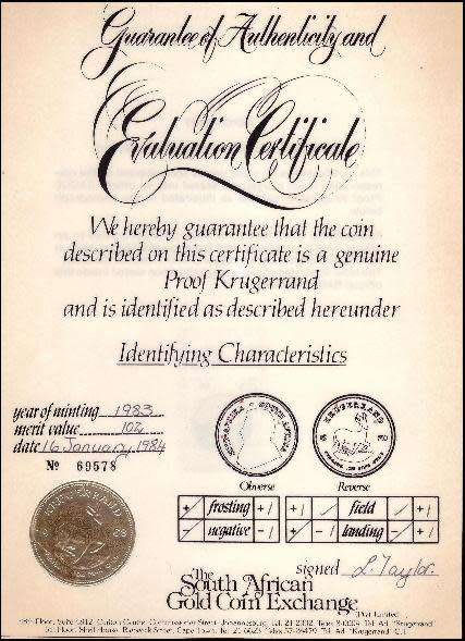 1983 1 Ounce Gold Proof Krugerrand Graded, Slabed and Certified  by SAGCE with 102 points