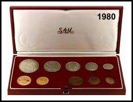 1980 - 10 Coins Long Proof Set With 1 Rand and 2 Rand Gold Coins In a S. African Mint Red Box