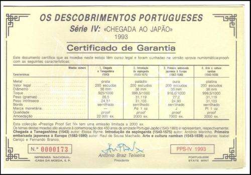 1993 - 4 Coins Portuguese Prestige Proof Set, Series IV,  PORTUGAL MEETS JAPAN