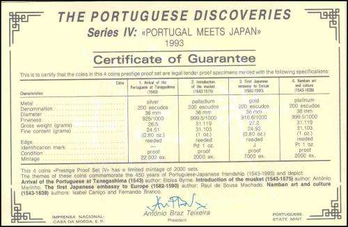 1993 - 4 Coins Portuguese Prestige Proof Set, Series IV,  PORTUGAL MEETS JAPAN