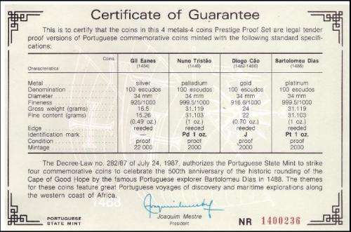 1987-1988 4 Coins Portuguese Prestige Proof Set, Series I, Portuguese Discoveries