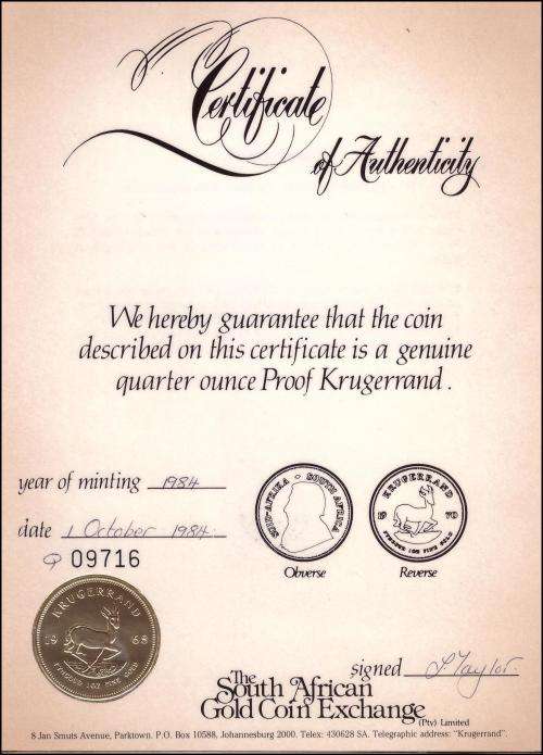 1984  1/4 Ounce Proof Gold Krugerrand Graded, Slabbed And Certified