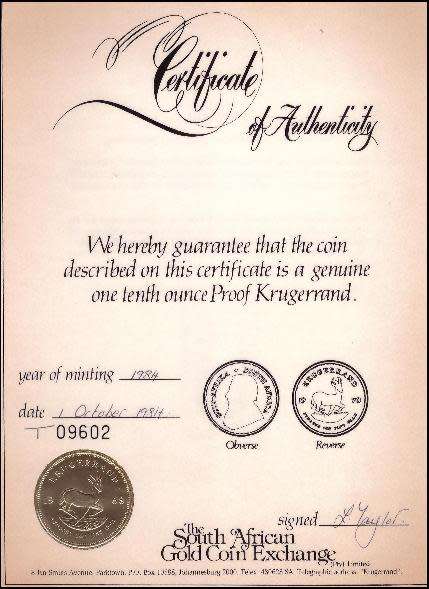 1984 1/10 Ounce Gold Proof Krugerrand, Graded Slabed and Certified