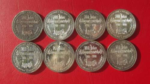 700 YEAR HISTORY OF SWISS RAILWAY PURE SILVER MEDALLIONS. 15 GRAMS EACH. BID PER COIN TO TAKE ALL.