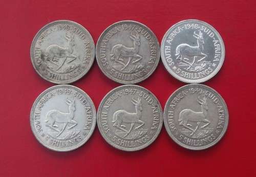 6 X SA UNION SILVER CROWNS / 5 SHILLINGS. 80% SILVER. BID PER CROWN TO TAKE ALL 6.