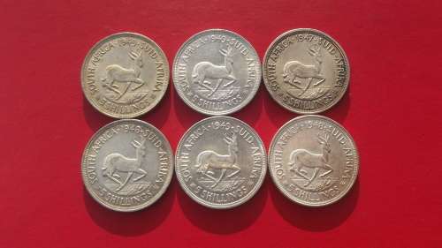 6 X SA UNION SILVER CROWNS / 5 SHILLINGS. 80% SILVER. BID PER CROWN TO TAKE ALL 6.