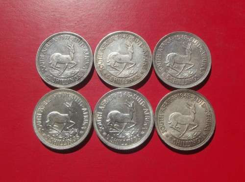 6 X SA UNION SILVER CROWNS / 5 SHILLINGS. 80% SILVER. BID PER CROWN TO TAKE ALL 6.